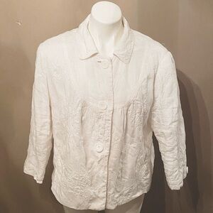 JM Collection 100% Linen White Embroidered Jacket Size 16